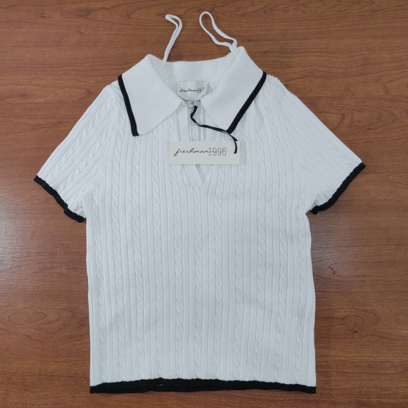 Freshman 1996 White Knit Top Black Trim Short Sleeve Collared Shirt - Picture 1 of 8